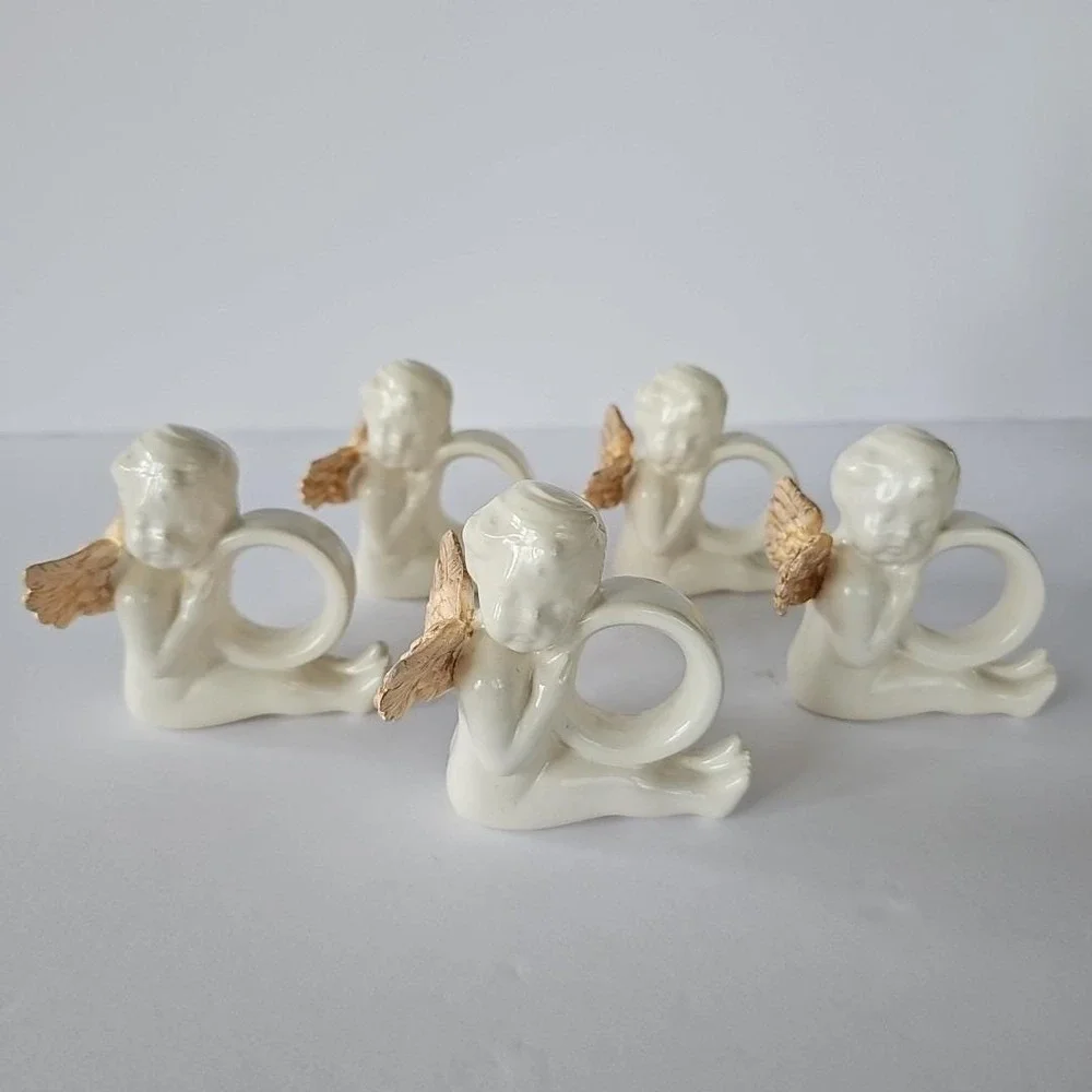 Vtg Victorian Cherub Angel Gold Wing Napkin Holder Ring‎ Set 5 Cottagecore 1925